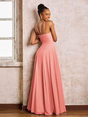 Robe Demoiselle d'Honneur Mousseline à Col Licou Longueur au Sol Corail