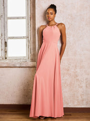 Robe Demoiselle d'Honneur Mousseline à Col Licou Longueur au Sol Corail