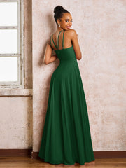 Robe Demoiselle d'Honneur Mousseline à Col Licou Longueur au Sol Vert Foncé