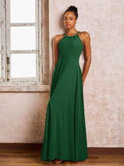 Robe Demoiselle d'Honneur Mousseline à Col Licou Longueur au Sol Vert Foncé