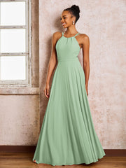 Robe Demoiselle d'Honneur Mousseline à Col Licou Longueur au Sol Sauge Poudrée