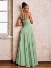Robe Demoiselle d'Honneur Mousseline à Col Licou Longueur au Sol Sauge Poudrée
