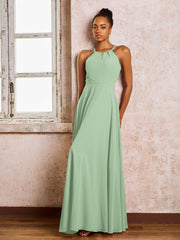Robe Demoiselle d'Honneur Mousseline à Col Licou Longueur au Sol Sauge Poudrée