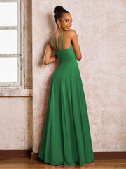 Robe Demoiselle d'Honneur Mousseline à Col Licou Longueur au Sol Emeraude
