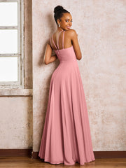 Robe Demoiselle d'Honneur Mousseline à Col Licou Longueur au Sol Flamant