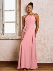 Robe Demoiselle d'Honneur Mousseline à Col Licou Longueur au Sol Flamant