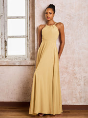 Robe Demoiselle d'Honneur Mousseline à Col Licou Longueur au Sol Or