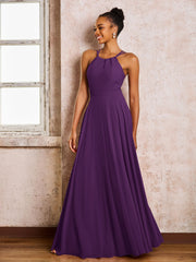 Robe Demoiselle d'Honneur Mousseline à Col Licou Longueur au Sol Raisin