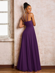 Robe Demoiselle d'Honneur Mousseline à Col Licou Longueur au Sol Raisin
