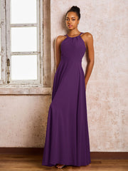 Robe Demoiselle d'Honneur Mousseline à Col Licou Longueur au Sol Raisin
