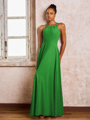 Robe Demoiselle d'Honneur Mousseline à Col Licou Longueur au Sol Vert