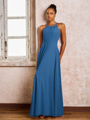 Robe Demoiselle d'Honneur Mousseline à Col Licou Longueur au Sol Bleu Encre