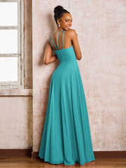 Robe Demoiselle d'Honneur Mousseline à Col Licou Longueur au Sol Jade