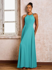 Robe Demoiselle d'Honneur Mousseline à Col Licou Longueur au Sol Jade