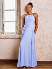 Robe Demoiselle d'Honneur Mousseline à Col Licou Longueur au Sol Lavande