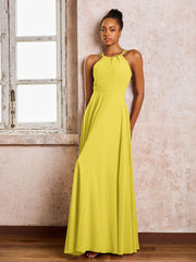 Robe Demoiselle d'Honneur Mousseline à Col Licou Longueur au Sol Citron