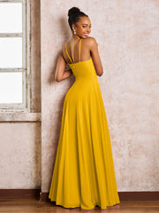 Robe Demoiselle d'Honneur Mousseline à Col Licou Longueur au Sol Souci