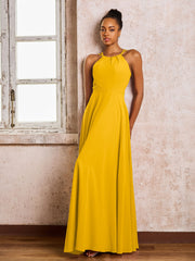 Robe Demoiselle d'Honneur Mousseline à Col Licou Longueur au Sol Souci