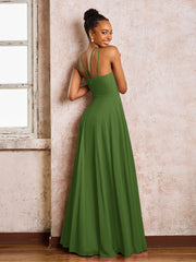 Robe Demoiselle d'Honneur Mousseline à Col Licou Longueur au Sol Mousse