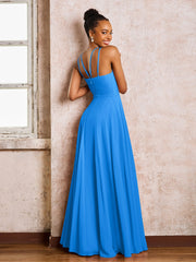 Robe Demoiselle d'Honneur Mousseline à Col Licou Longueur au Sol Bleu Océan
