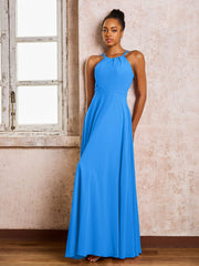 Robe Demoiselle d'Honneur Mousseline à Col Licou Longueur au Sol Bleu Océan
