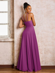 Robe Demoiselle d'Honneur Mousseline à Col Licou Longueur au Sol Orchidée