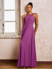 Robe Demoiselle d'Honneur Mousseline à Col Licou Longueur au Sol Orchidée