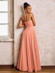 Robe Demoiselle d'Honneur Mousseline à Col Licou Longueur au Sol Papaye