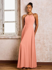 Robe Demoiselle d'Honneur Mousseline à Col Licou Longueur au Sol Papaye