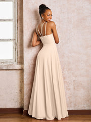 Robe Demoiselle d'Honneur Mousseline à Col Licou Longueur au Sol Pêche