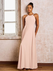 Robe Demoiselle d'Honneur Mousseline à Col Licou Longueur au Sol Rose Perle
