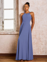 Robe Demoiselle d'Honneur Mousseline à Col Licou Longueur au Sol Pervenche