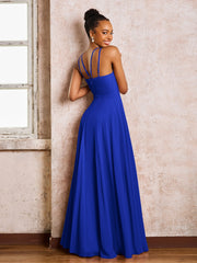 Robe Demoiselle d'Honneur Mousseline à Col Licou Longueur au Sol Bleu Royale