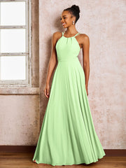 Robe Demoiselle d'Honneur Mousseline à Col Licou Longueur au Sol Sauge
