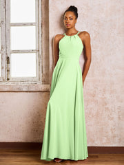 Robe Demoiselle d'Honneur Mousseline à Col Licou Longueur au Sol Sauge