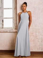 Robe Demoiselle d'Honneur Mousseline à Col Licou Longueur au Sol Argent