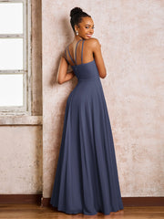 Robe Demoiselle d'Honneur Mousseline à Col Licou Longueur au Sol Orageux