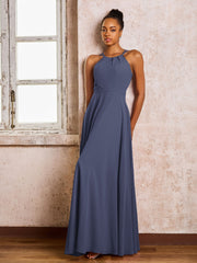 Robe Demoiselle d'Honneur Mousseline à Col Licou Longueur au Sol Orageux