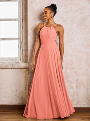 Robe Demoiselle d'Honneur Mousseline à Col Licou Longueur au Sol Sunset