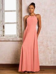 Robe Demoiselle d'Honneur Mousseline à Col Licou Longueur au Sol Sunset