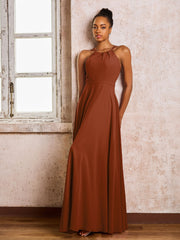 Robe Demoiselle d'Honneur Mousseline à Col Licou Longueur au Sol Terracotta