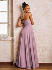 Robe Demoiselle d'Honneur Mousseline à Col Licou Longueur au Sol Vintage Mauve