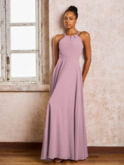 Robe Demoiselle d'Honneur Mousseline à Col Licou Longueur au Sol Vintage Mauve