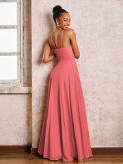 Robe Demoiselle d'Honneur Mousseline à Col Licou Longueur au Sol Pastèque
