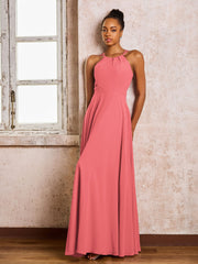 Robe Demoiselle d'Honneur Mousseline à Col Licou Longueur au Sol Pastèque
