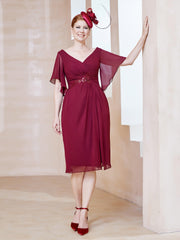 Robe en Mousseline à Col en V Orné de Strass Bordeaux Grande Taille