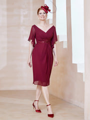 Robe en Mousseline à Col en V Orné de Strass Bordeaux Grande Taille