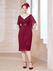 Robe en Mousseline à Col en V Orné de Strass Bordeaux Grande Taille