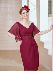 Robe en Mousseline à Col en V Orné de Strass Bordeaux Grande Taille