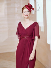 Robe en Mousseline à Col en V Orné de Strass Bordeaux Grande Taille